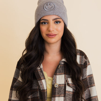 Cozy Happy Face Embroidered Hat Ribbed Knit Beanie