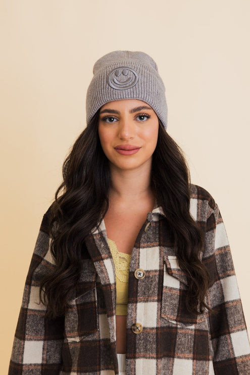 Cozy Happy Face Embroidered Hat Ribbed Knit Beanie