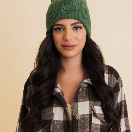 Cozy Happy Face Embroidered Hat Ribbed Knit Beanie