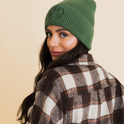 Cozy Happy Face Embroidered Hat Ribbed Knit Beanie