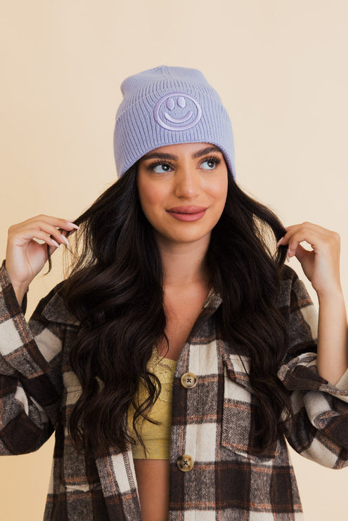 Cozy Happy Face Embroidered Hat Ribbed Knit Beanie