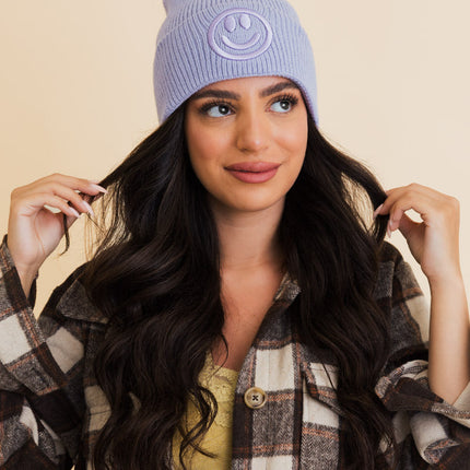 Cozy Happy Face Embroidered Hat Ribbed Knit Beanie