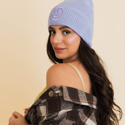 Cozy Happy Face Embroidered Hat Ribbed Knit Beanie