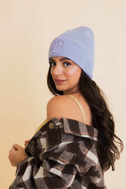 Cozy Happy Face Embroidered Hat Ribbed Knit Beanie
