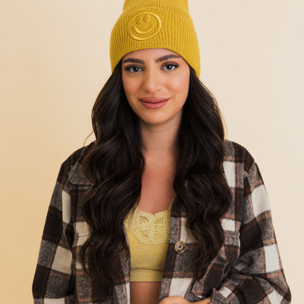 Cozy Happy Face Embroidered Hat Ribbed Knit Beanie
