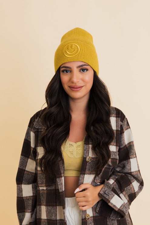 Cozy Happy Face Embroidered Hat Ribbed Knit Beanie