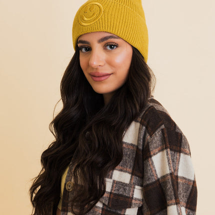 Cozy Happy Face Embroidered Hat Ribbed Knit Beanie