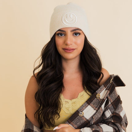 Cozy Happy Face Embroidered Hat Ribbed Knit Beanie