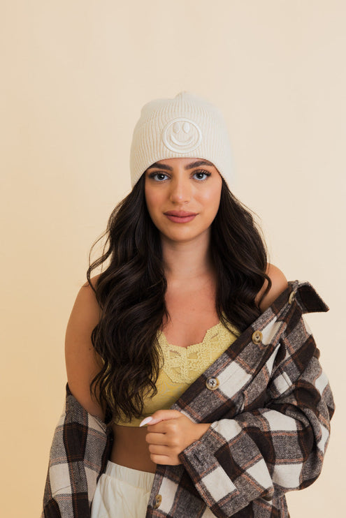 Cozy Happy Face Embroidered Hat Ribbed Knit Beanie