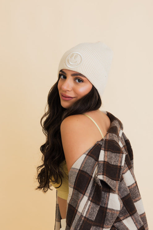 Cozy Happy Face Embroidered Hat Ribbed Knit Beanie