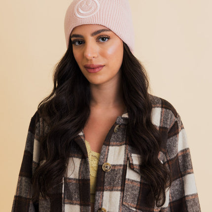 Cozy Happy Face Embroidered Hat Ribbed Knit Beanie