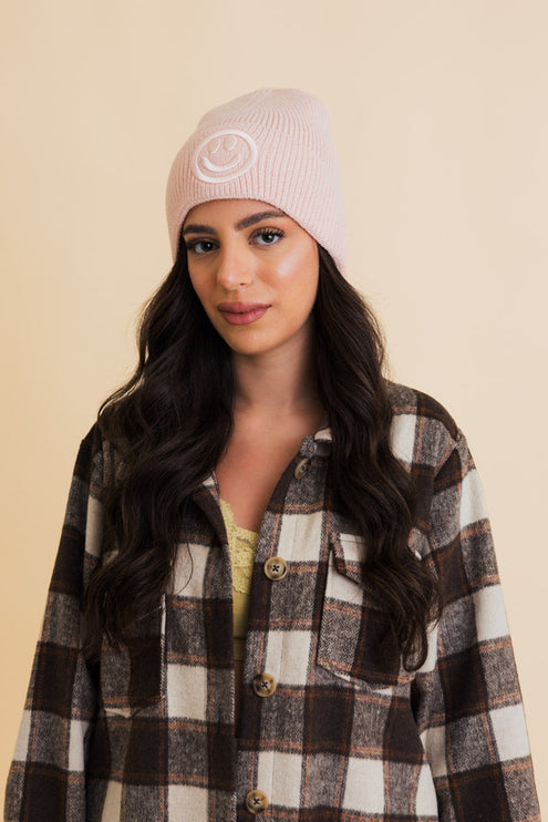 Cozy Happy Face Embroidered Hat Ribbed Knit Beanie