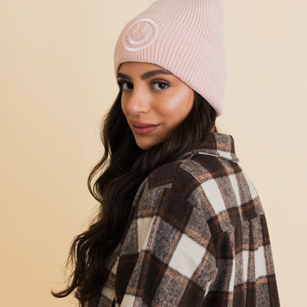 Cozy Happy Face Embroidered Hat Ribbed Knit Beanie