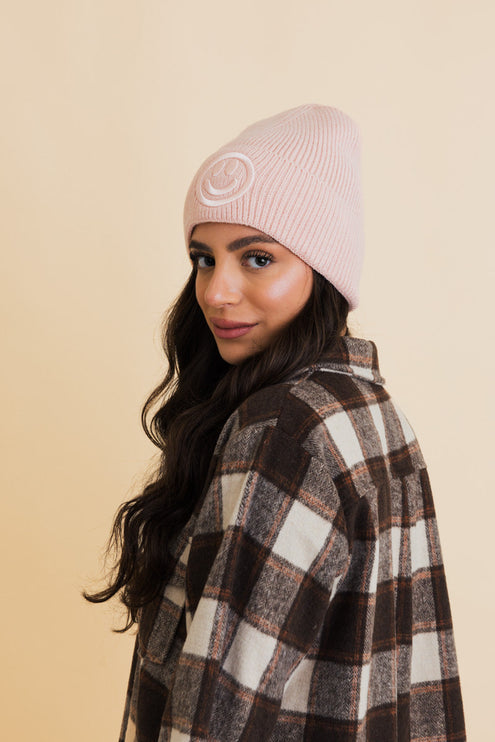 Cozy Happy Face Embroidered Hat Ribbed Knit Beanie
