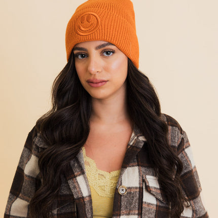 Cozy Happy Face Embroidered Hat Ribbed Knit Beanie