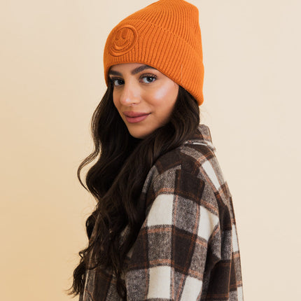 Cozy Happy Face Embroidered Hat Ribbed Knit Beanie