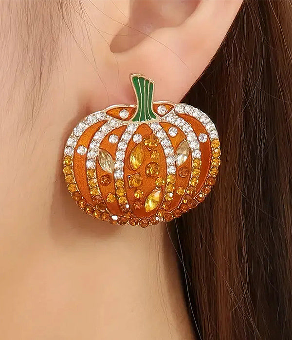 Halloween Jewelry Crystal Rhinestone Pumpkin Charm Stud Fashion Earrings - Accessoriesforever