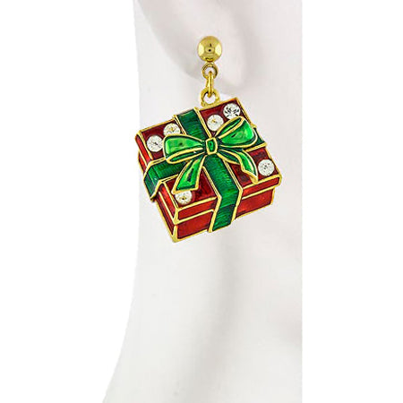 Christmas Jewelry Holiday Crystal Rhinestone Gift Box Earrings E1143 Red - Accessoriesforever