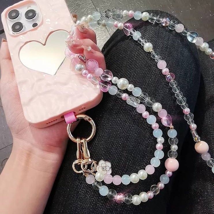 Elegant Hand-Beaded Pearl Crystal Crossbody Phone Bag Lanyard Chain Strap