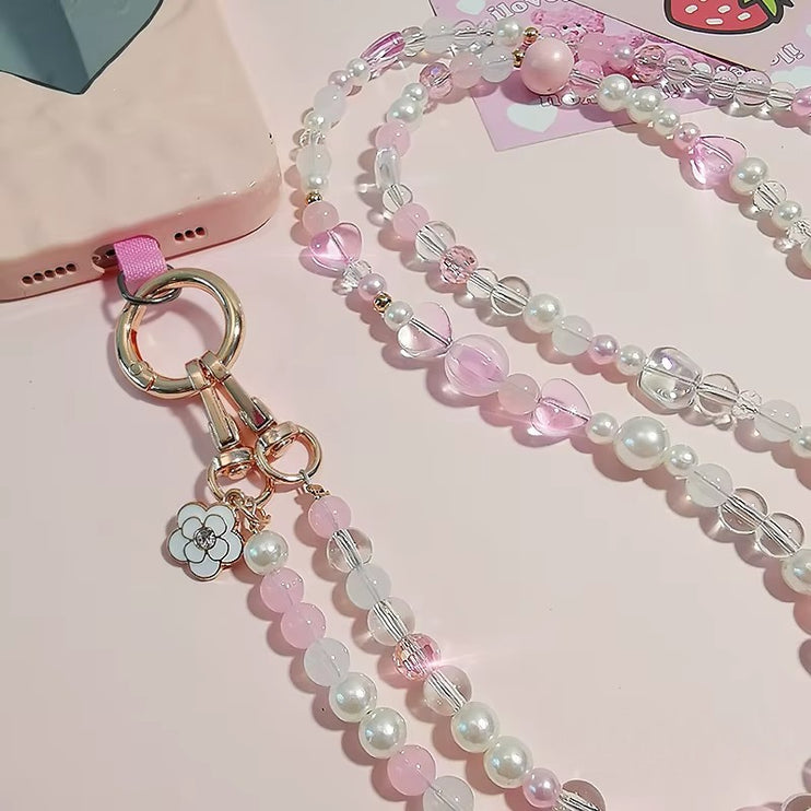 Elegant Hand-Beaded Pearl Crystal Crossbody Phone Bag Lanyard Chain Strap
