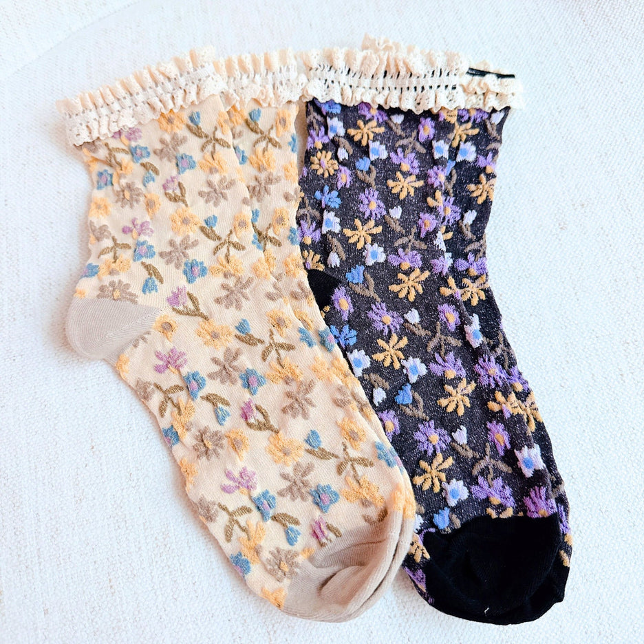 Vintage Blossom Crochet Trim Embossed Design Socks Set Of 2