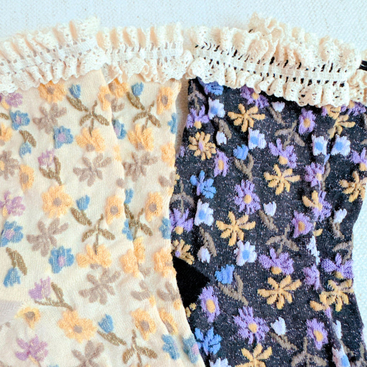 Vintage Blossom Crochet Trim Embossed Design Socks Set Of 2