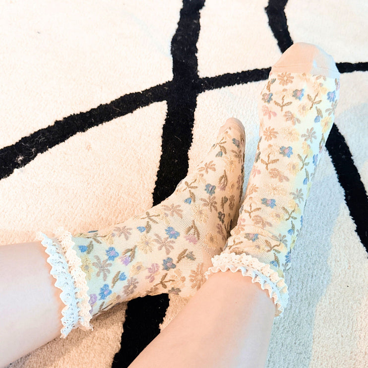 Vintage Blossom Crochet Trim Embossed Design Socks Set Of 2