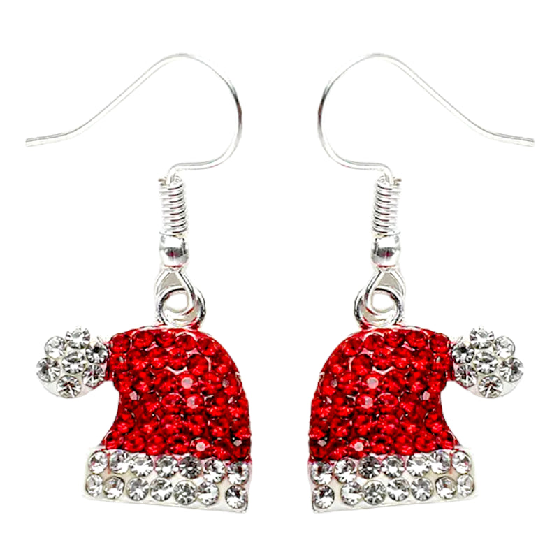 Christmas Jewelry Crystal Rhinestone Hat Dangle Charm Earrings E1230 Red