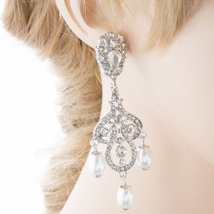 Bridal Wedding Jewelry Crystal Rhinestone Pearl Vintage Dangle Earrings White - Accessoriesforever