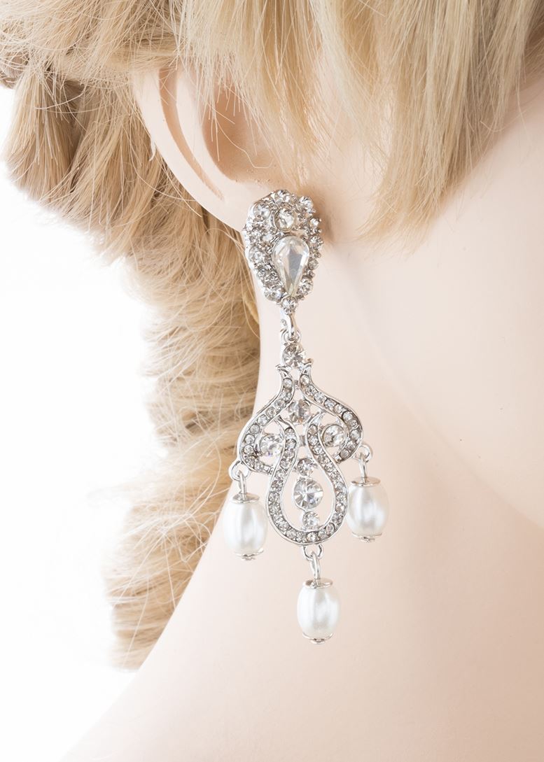 Bridal Wedding Jewelry Crystal Rhinestone Pearl Vintage Dangle Earrings White
