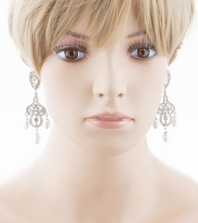 Bridal Wedding Jewelry Crystal Rhinestone Pearl Vintage Dangle Earrings White - Accessoriesforever