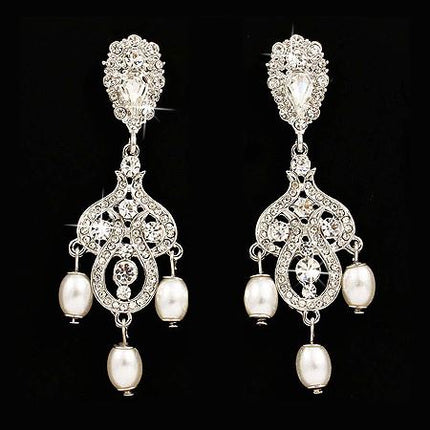 Bridal Wedding Jewelry Crystal Rhinestone Pearl Vintage Dangle Earrings White - Accessoriesforever