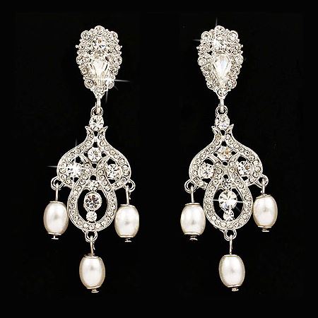 Bridal Wedding Jewelry Crystal Rhinestone Pearl Vintage Dangle Earrings White - Accessoriesforever