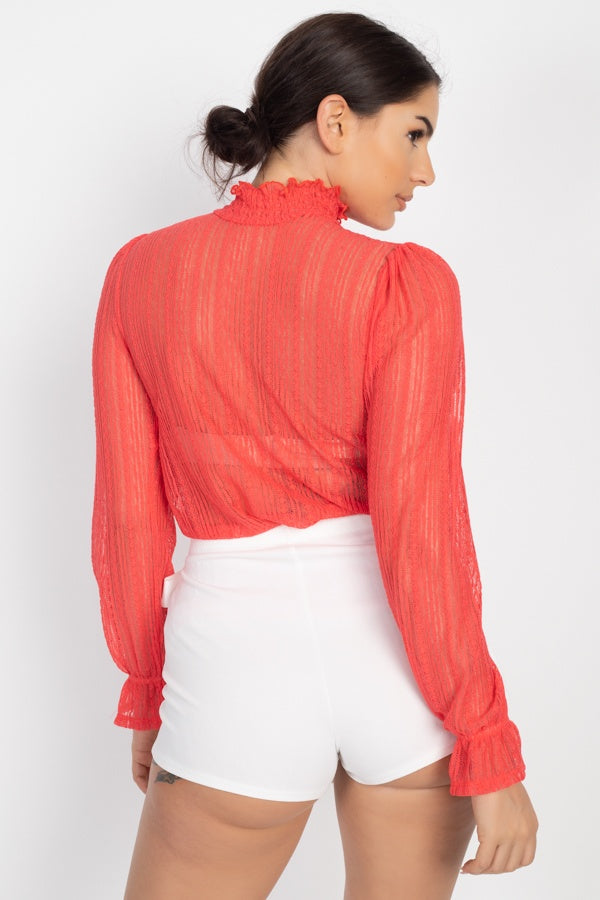 Beautiful Ruffle Trim Bell Cuff Long Sleeves Fashion Lace Top