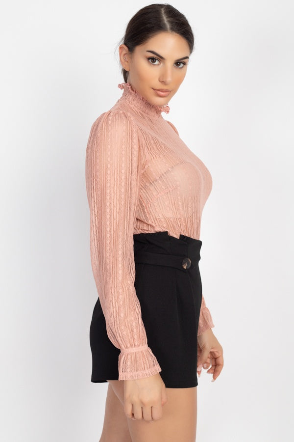 Beautiful Ruffle Trim Bell Cuff Long Sleeves Fashion Lace Top