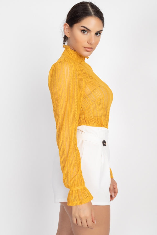 Beautiful Ruffle Trim Bell Cuff Long Sleeves Fashion Lace Top