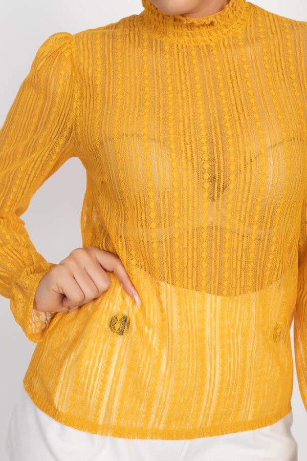 Beautiful Ruffle Trim Bell Cuff Long Sleeves Fashion Lace Top