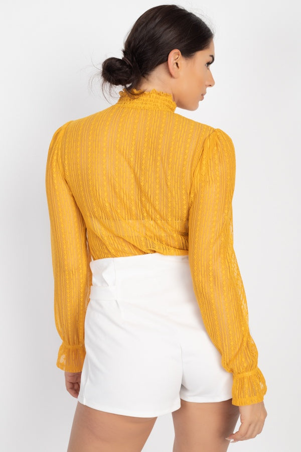 Beautiful Ruffle Trim Bell Cuff Long Sleeves Fashion Lace Top