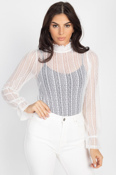 Beautiful Ruffle Trim Bell Cuff Long Sleeves Fashion Lace Top