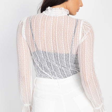 Beautiful Ruffle Trim Bell Cuff Long Sleeves Fashion Lace Top - Accessoriesforever