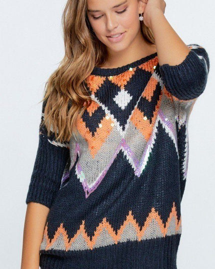 Glitter Aztec Pattern Navy Knit Fashion Top Pullover Sweater