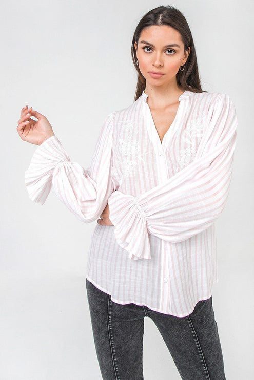 Floral Eyelet Yoke Top with Elbow Sleeves Fashion Top Blouse - Accessoriesforever