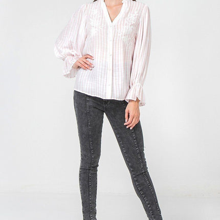 Floral Eyelet Yoke Top with Elbow Sleeves Fashion Top Blouse - Accessoriesforever