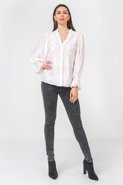 Floral Eyelet Yoke Top with Elbow Sleeves Fashion Top Blouse - Accessoriesforever