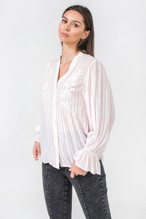 Floral Eyelet Yoke Top with Elbow Sleeves Fashion Top Blouse - Accessoriesforever