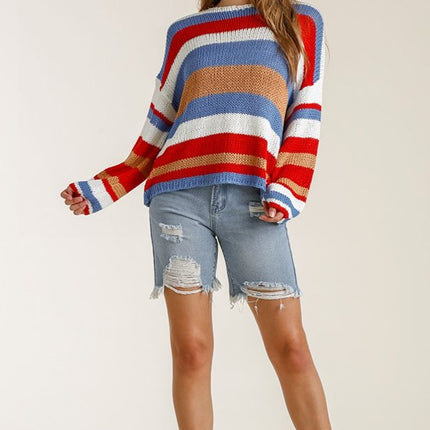 Multicolored Striped Round Neck Long Sleeve Knit Top Sweater - Accessoriesforever