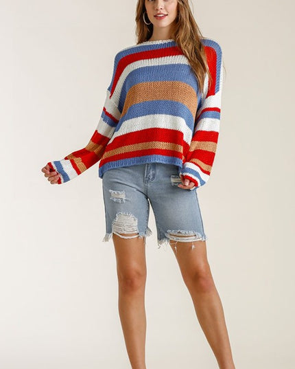 Multicolored Striped Round Neck Long Sleeve Knit Top Sweater