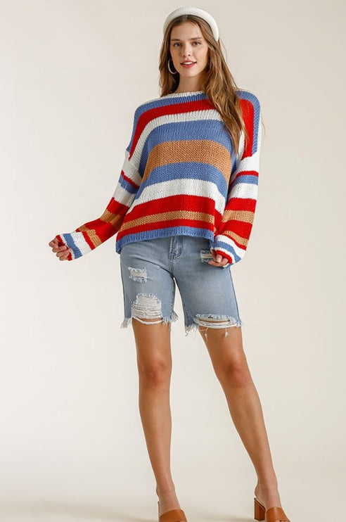 Multicolored Striped Round Neck Long Sleeve Knit Top Sweater - Accessoriesforever