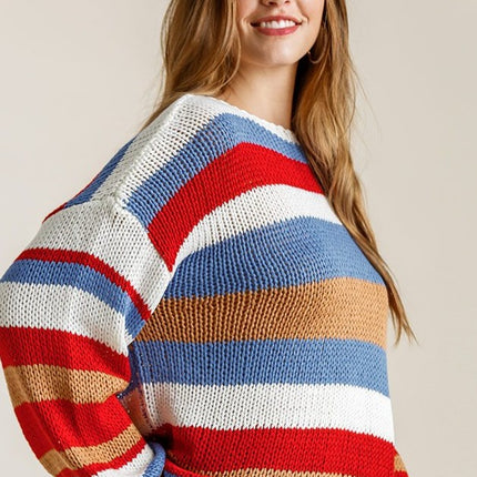 Multicolored Striped Round Neck Long Sleeve Knit Top Sweater - Accessoriesforever