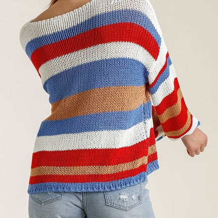Multicolored Striped Round Neck Long Sleeve Knit Top Sweater - Accessoriesforever